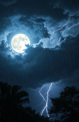 A powerful storm scene dominated by a bright, full moon positioned in the center of the composition