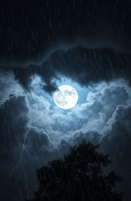 A powerful storm scene dominated by a bright, full moon positioned in the center of the composition