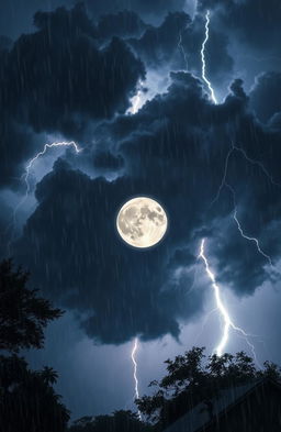 A powerful storm scene dominated by a bright, full moon positioned in the center of the composition