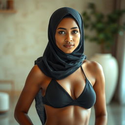 An 18-year-old Muslim woman with light medium brown skin, elegantly wearing a burka over a stylish small slingshot bathing suit
