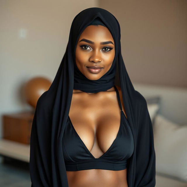 An 18-year-old Muslim woman with light medium brown skin, elegantly wearing a burka over a stylish small slingshot bathing suit