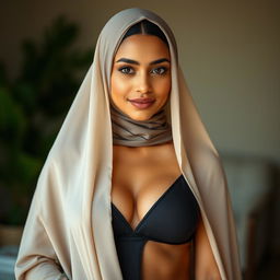 An 18-year-old Muslim woman with light medium brown skin, elegantly wearing a burka over a stylish small slingshot bathing suit