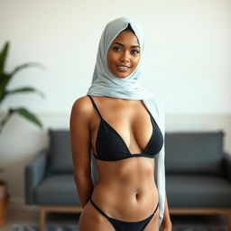 An 18-year-old Muslim woman with light medium brown skin, elegantly wearing a burka over a stylish small slingshot bathing suit