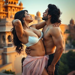 A sensual and captivating scene set at a majestic Rajasthani fort, featuring Nushrat Bharucha dressed in a low waist chiffon short skirt