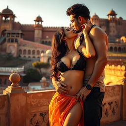 A sensual and captivating scene set at a majestic Rajasthani fort, featuring Nushrat Bharucha dressed in a low waist chiffon short skirt