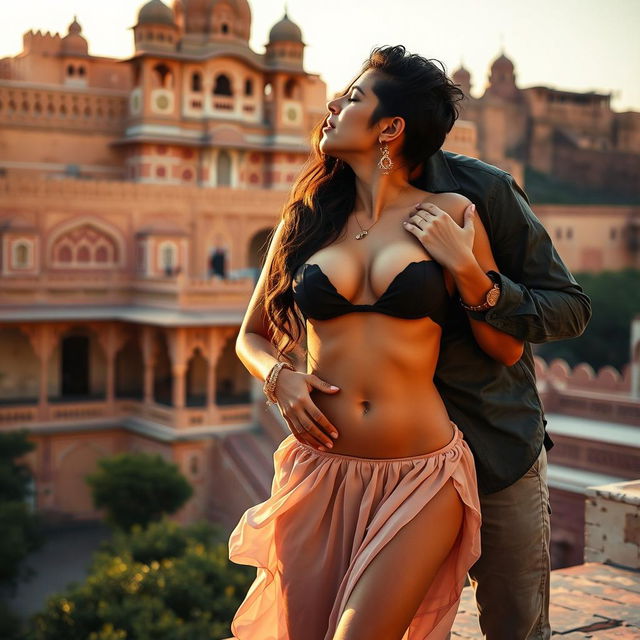 A sensual and captivating scene set at a majestic Rajasthani fort, featuring Nushrat Bharucha dressed in a low waist chiffon short skirt