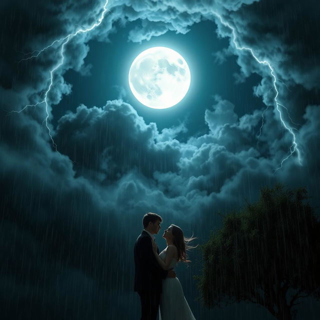 A dramatic storm scene featuring a bright, full moon shining brilliantly at the center, surrounded by dark, swirling clouds and flashes of lightning