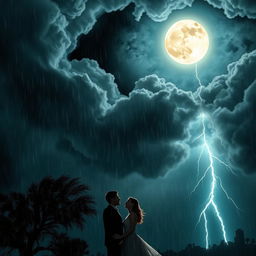 A dramatic storm scene featuring a bright, full moon shining brilliantly at the center, surrounded by dark, swirling clouds and flashes of lightning
