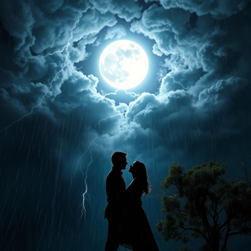 A dramatic storm scene featuring a bright, full moon shining brilliantly at the center, surrounded by dark, swirling clouds and flashes of lightning