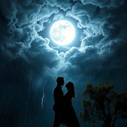 A dramatic storm scene featuring a bright, full moon shining brilliantly at the center, surrounded by dark, swirling clouds and flashes of lightning