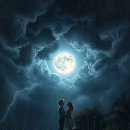 A dramatic storm scene featuring a bright, full moon shining brilliantly at the center, surrounded by dark, swirling clouds and flashes of lightning