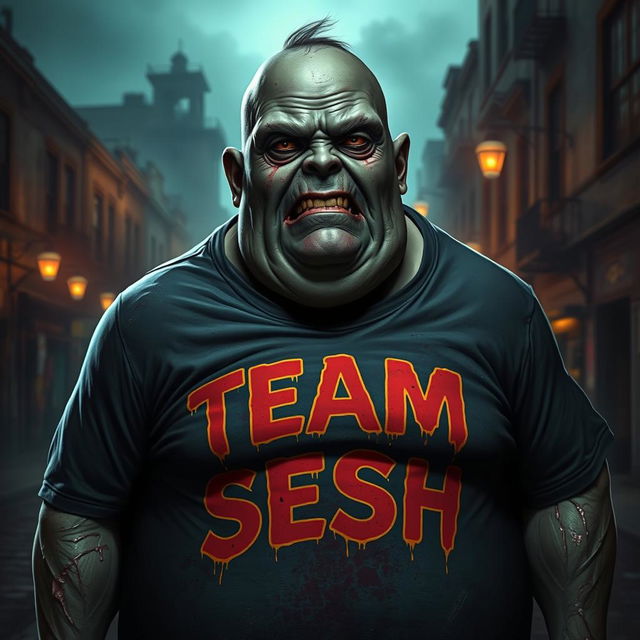 A realistic portrayal of a fat zombie in a 'TEAM SESH' t-shirt