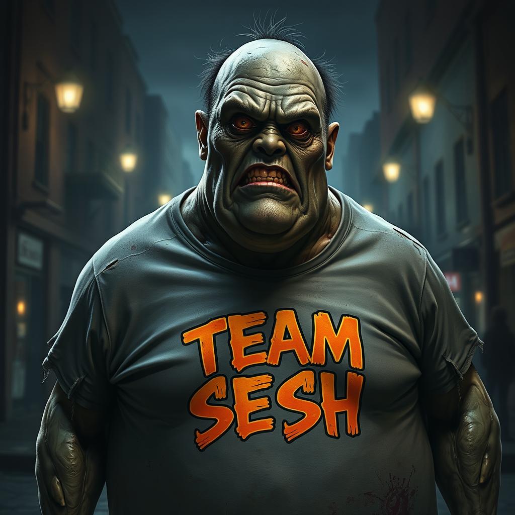 A realistic portrayal of a fat zombie in a 'TEAM SESH' t-shirt