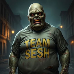 A realistic portrayal of a fat zombie in a 'TEAM SESH' t-shirt