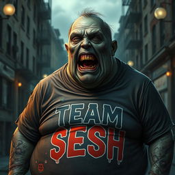 A realistic portrayal of a fat zombie in a 'TEAM SESH' t-shirt