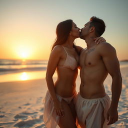 A sensual scene on a pristine beach featuring Nushrat Bharucha in a low waist chiffon short skirt