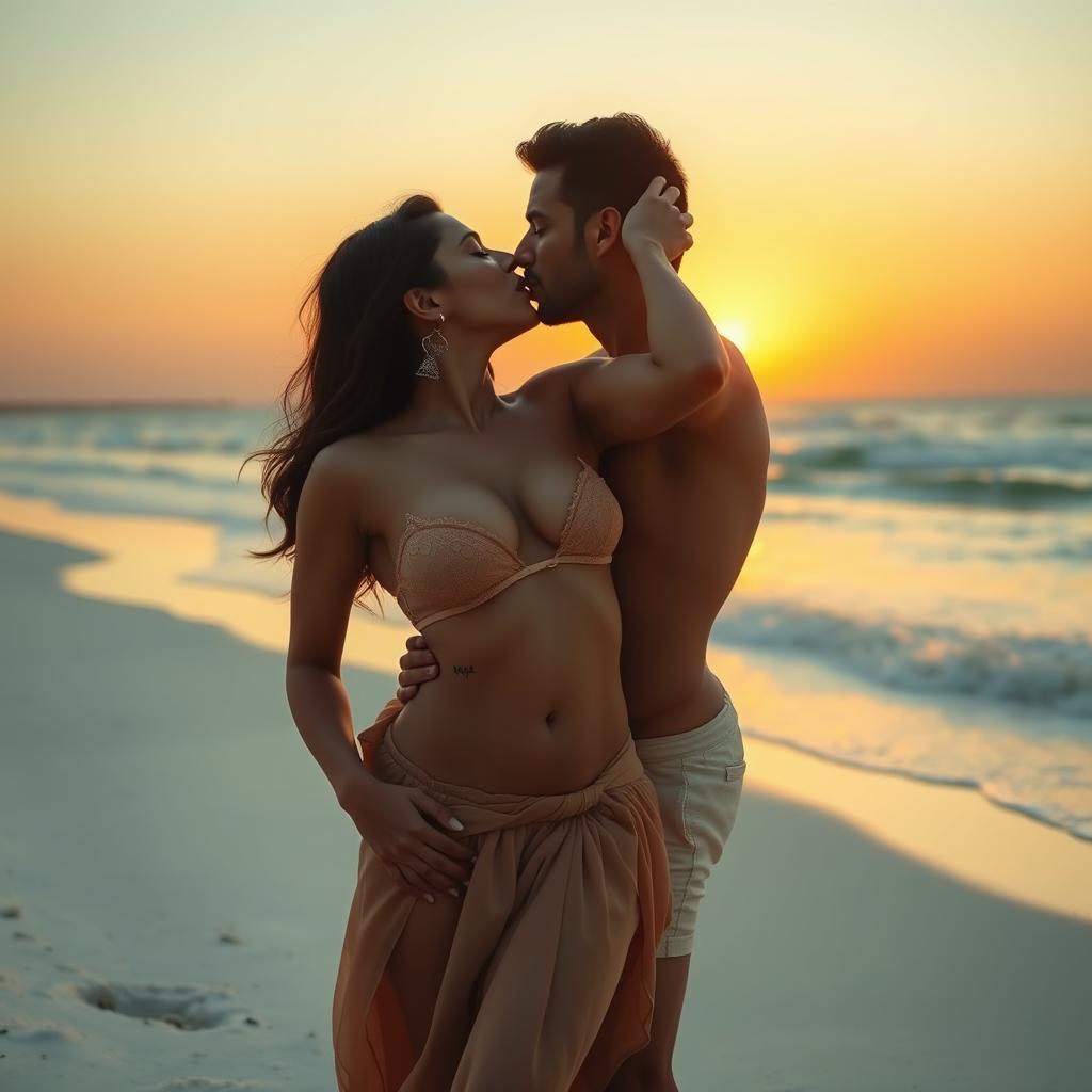 A sensual scene on a pristine beach featuring Nushrat Bharucha in a low waist chiffon short skirt