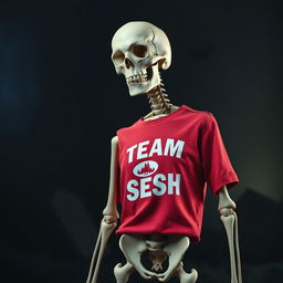 A realistic depiction of a skeleton wearing a vibrant 'TEAM SESH' t-shirt