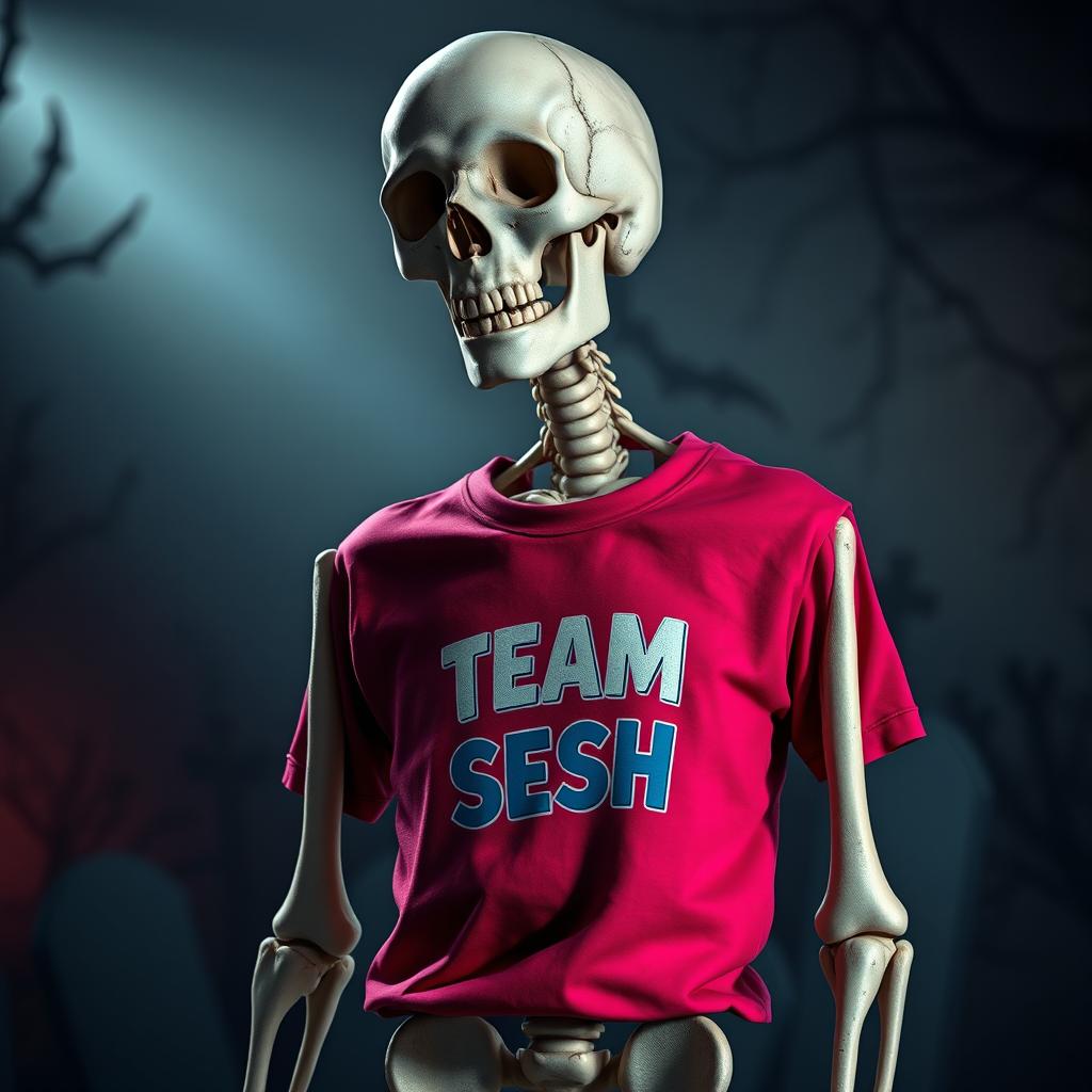 A realistic depiction of a skeleton wearing a vibrant 'TEAM SESH' t-shirt