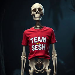 A realistic depiction of a skeleton wearing a vibrant 'TEAM SESH' t-shirt