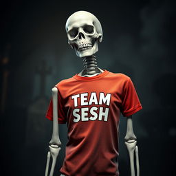 A realistic depiction of a skeleton wearing a vibrant 'TEAM SESH' t-shirt