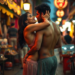 A sensual and enticing scene set on a lively street in Goa, featuring Nushrat Bharucha wearing a low waist chiffon short skirt