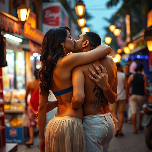 A sensual and enticing scene set on a lively street in Goa, featuring Nushrat Bharucha wearing a low waist chiffon short skirt