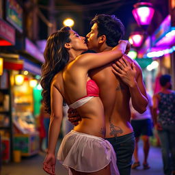 A sensual and enticing scene set on a lively street in Goa, featuring Nushrat Bharucha wearing a low waist chiffon short skirt