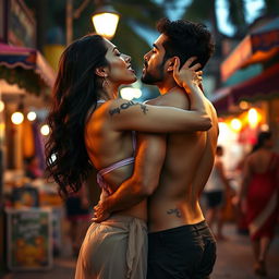 A sensual and enticing scene set on a lively street in Goa, featuring Nushrat Bharucha wearing a low waist chiffon short skirt