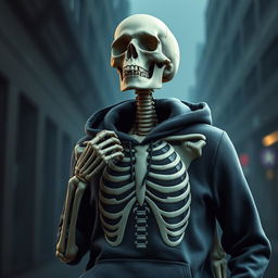 A realistic depiction of a skeleton dressed in a stylish hoodie with a rib cage embossed design on the front