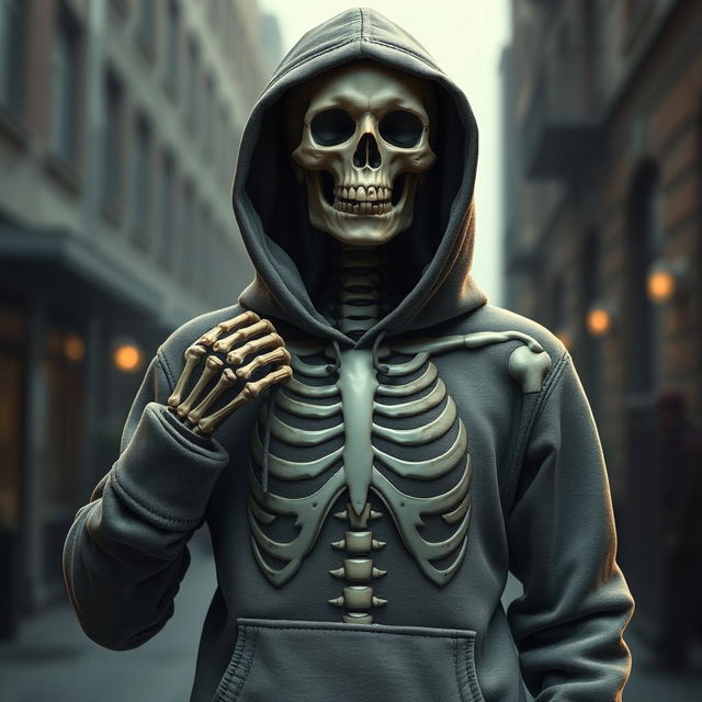 A realistic depiction of a skeleton dressed in a stylish hoodie with a rib cage embossed design on the front