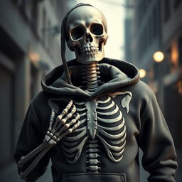 A realistic depiction of a skeleton dressed in a stylish hoodie with a rib cage embossed design on the front