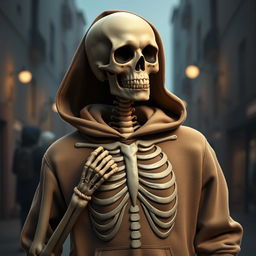A realistic depiction of a skeleton dressed in a stylish hoodie with a rib cage embossed design on the front