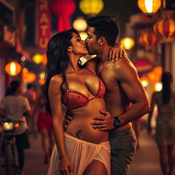 A sensual scene set on a lively street in Goa featuring Nushrat Bharucha in a low waist chiffon short skirt