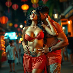 A sensual scene set on a lively street in Goa featuring Nushrat Bharucha in a low waist chiffon short skirt