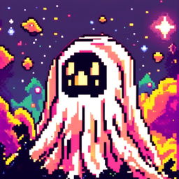 Pixel art profile picture of a scary ghost against a cosmic background.