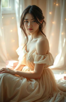 A young woman with dark hair, in a serene and calm state, sitting in a softly lit room