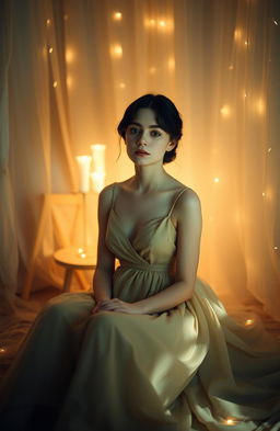 A young woman with dark hair, in a serene and calm state, sitting in a softly lit room