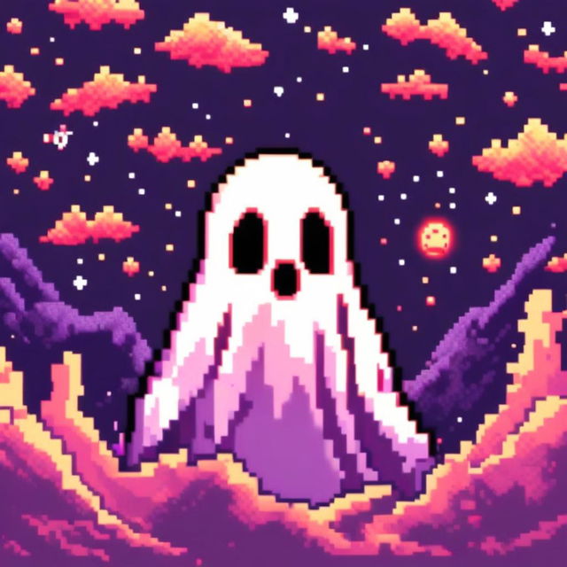 Pixel art profile picture of a scary ghost against a cosmic background.