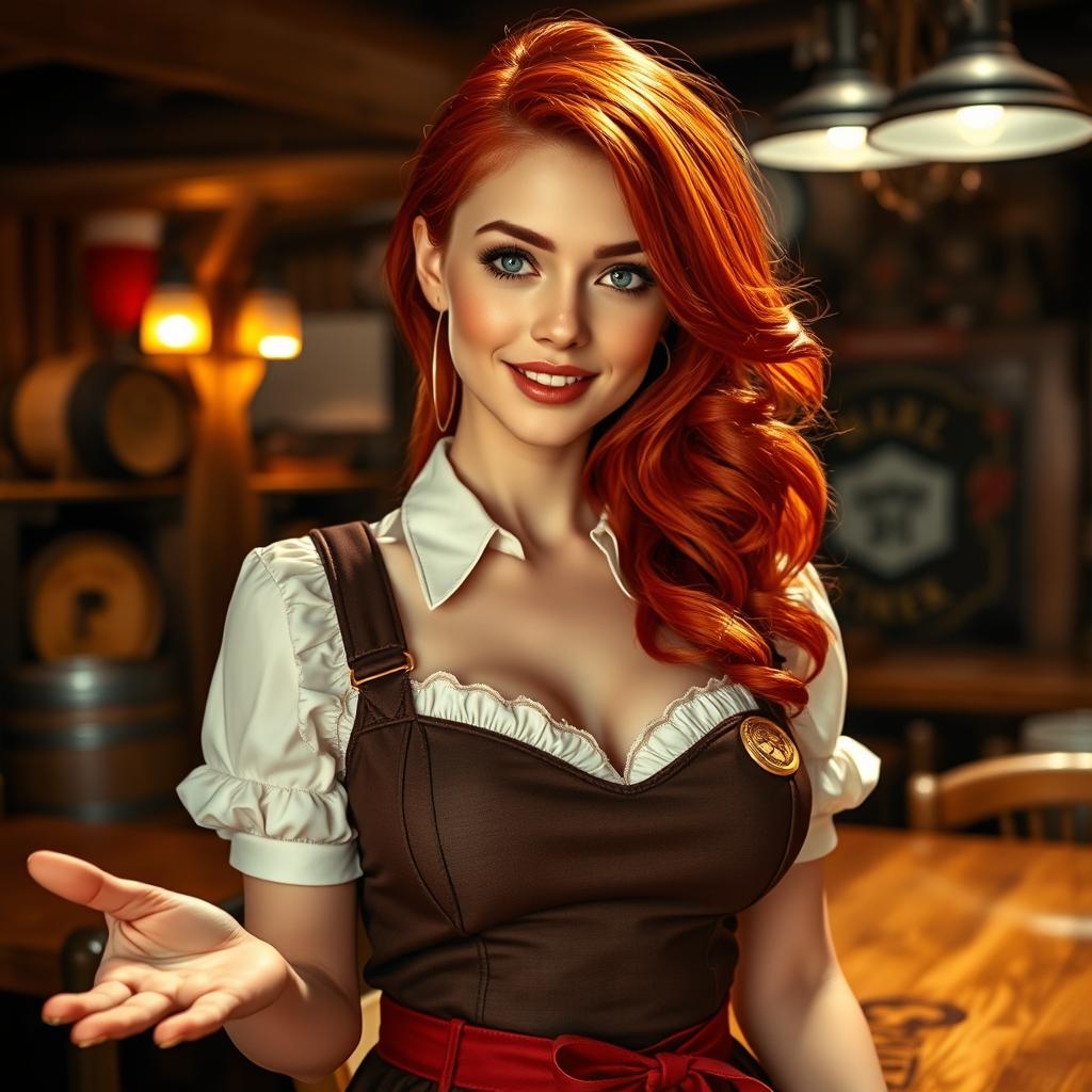 A gorgeous young woman with striking red hair, elegantly styled, wearing a traditional tavern uniform