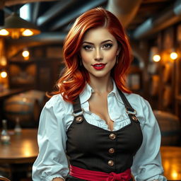 A gorgeous young woman with striking red hair, elegantly styled, wearing a traditional tavern uniform