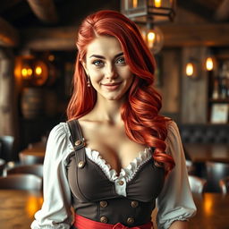 A gorgeous young woman with striking red hair, elegantly styled, wearing a traditional tavern uniform