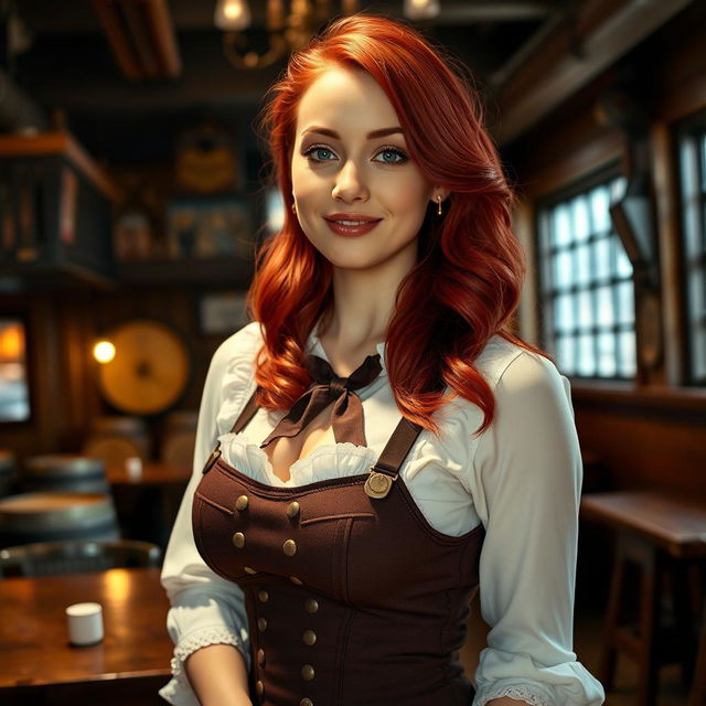 A gorgeous young woman with striking red hair, elegantly styled, wearing a traditional tavern uniform