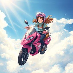 An illustration of a 19-year-old girl soaring through the sky on her stunning pink motorcycle