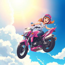 An illustration of a 19-year-old girl soaring through the sky on her stunning pink motorcycle