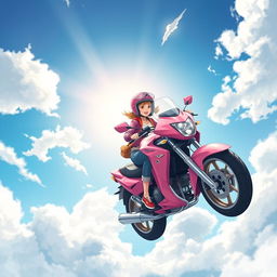 An illustration of a 19-year-old girl soaring through the sky on her stunning pink motorcycle