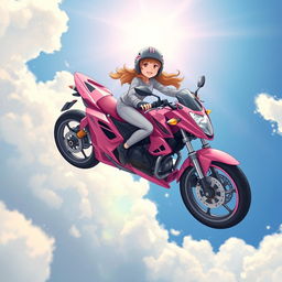 An illustration of a 19-year-old girl soaring through the sky on her stunning pink motorcycle