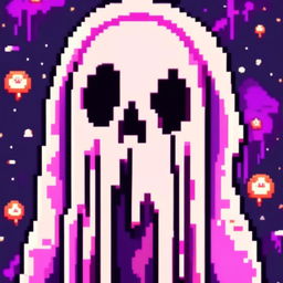 Pixel art profile picture of a scary ghost against a cosmic background.