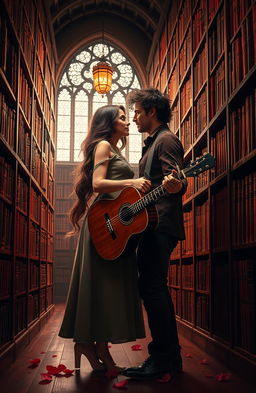 A romantic book cover design featuring a couple intimately engaged within the cozy atmosphere of a grand library