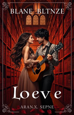 A romantic book cover design featuring a couple intimately engaged within the cozy atmosphere of a grand library